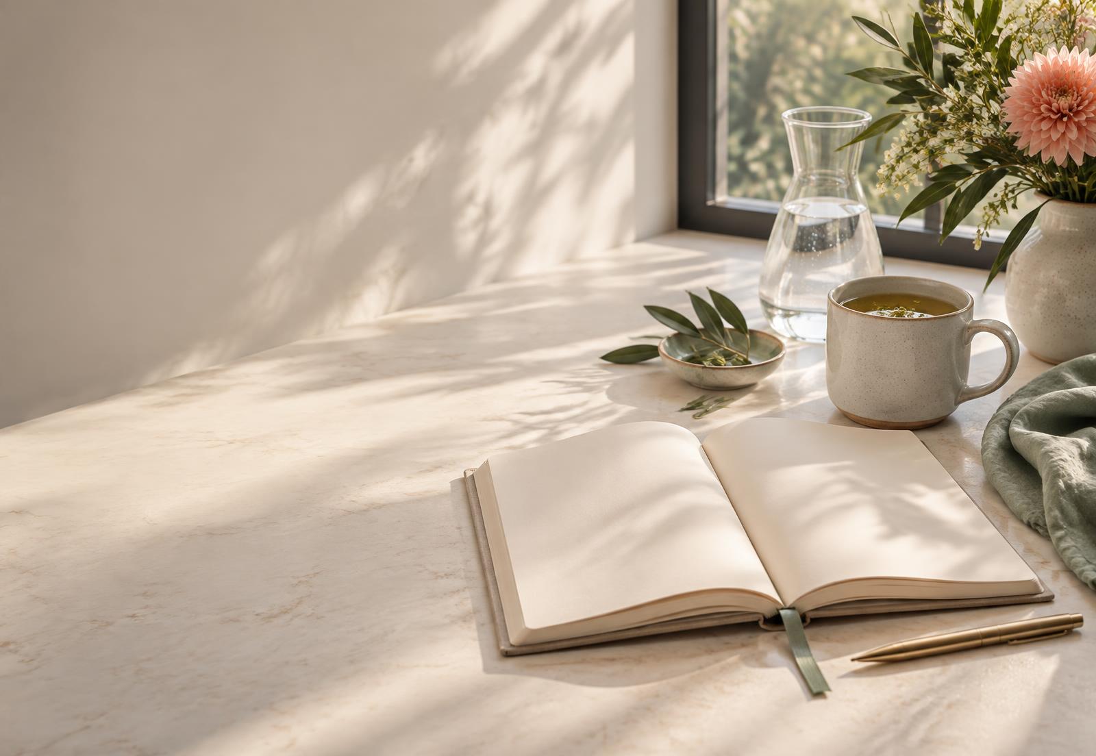 A journal, tea, and water in calm morning light
